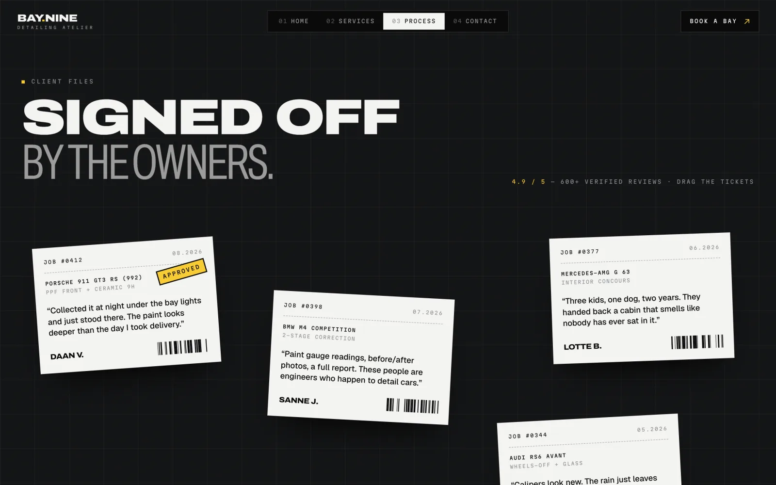 Client reviews laid out as signed-off job cards on a dark ground
