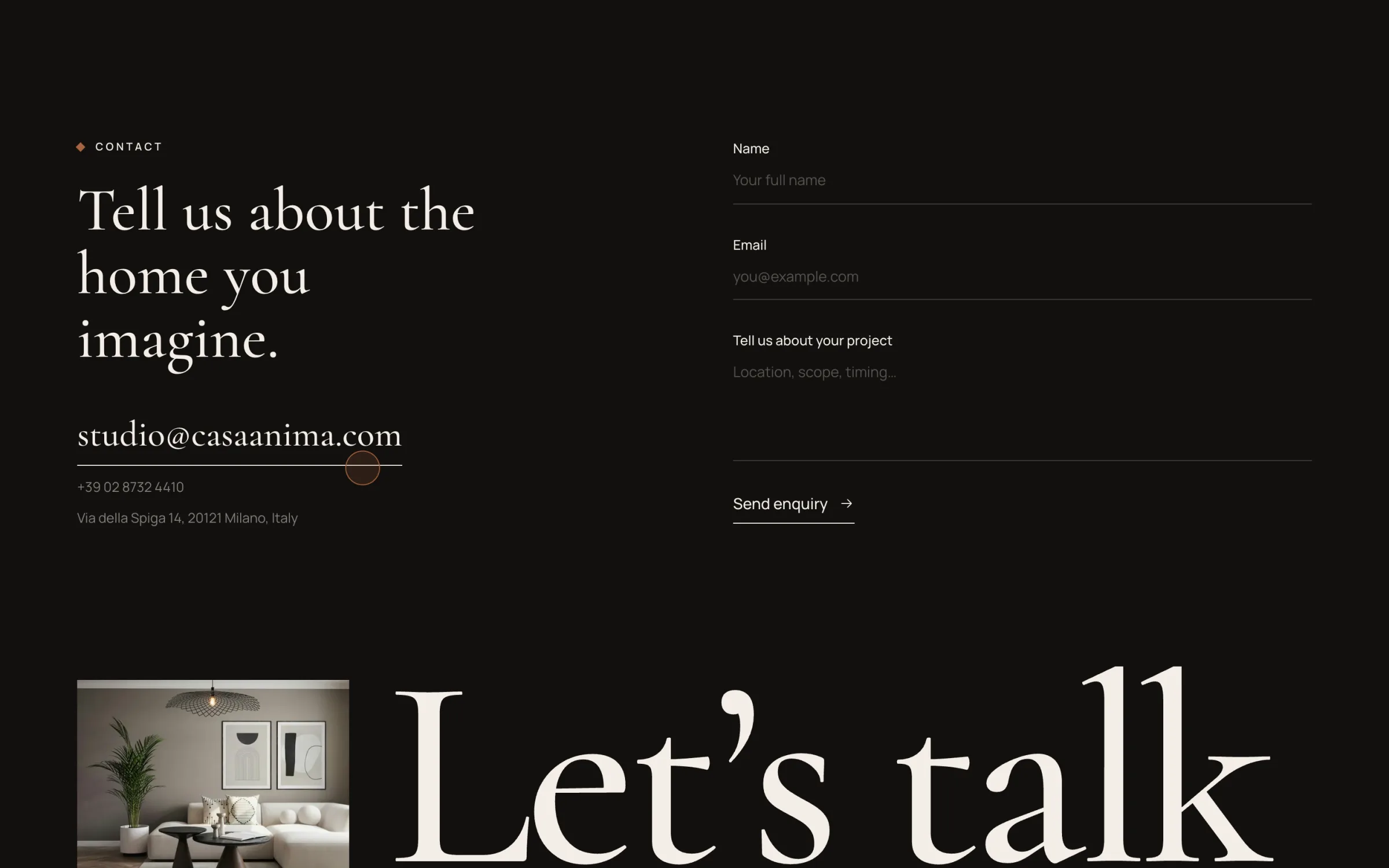 Contact footer with a large “Let’s talk” headline and an enquiry form