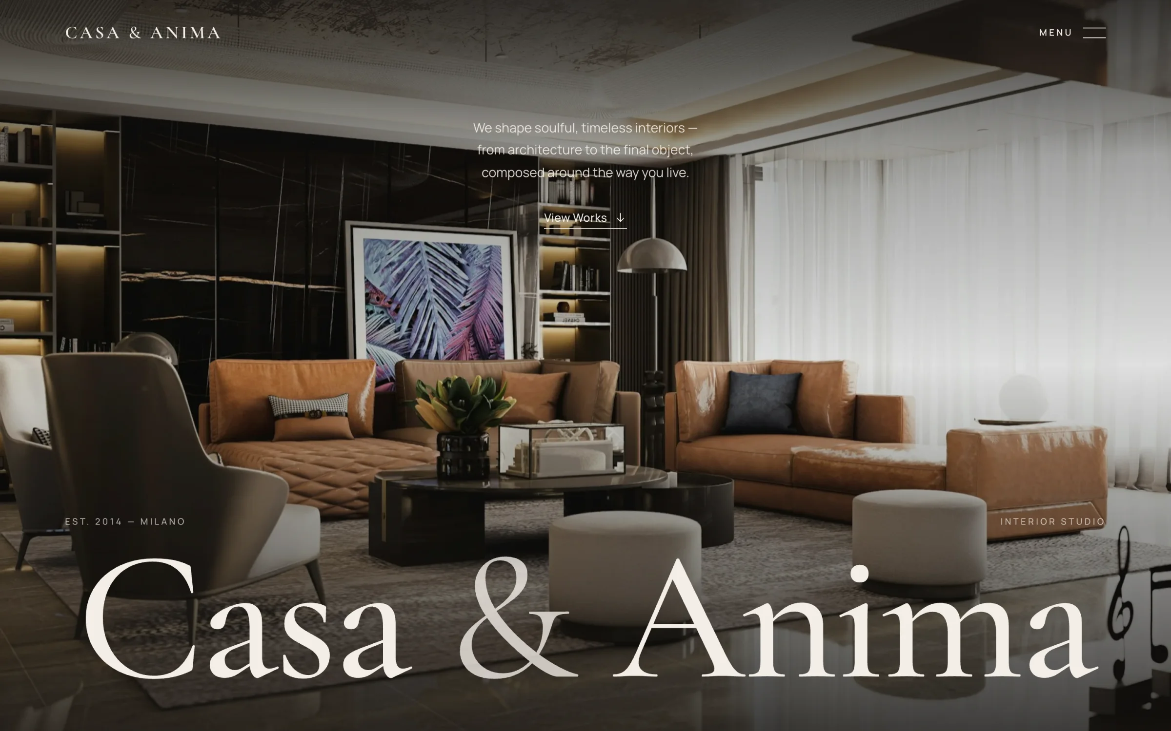 Casa & Anima home page: a warm living room photograph under the studio wordmark