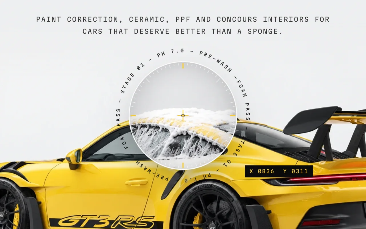 Close-up of the hero lens showing the car covered in snow foam inside a ring of technical text