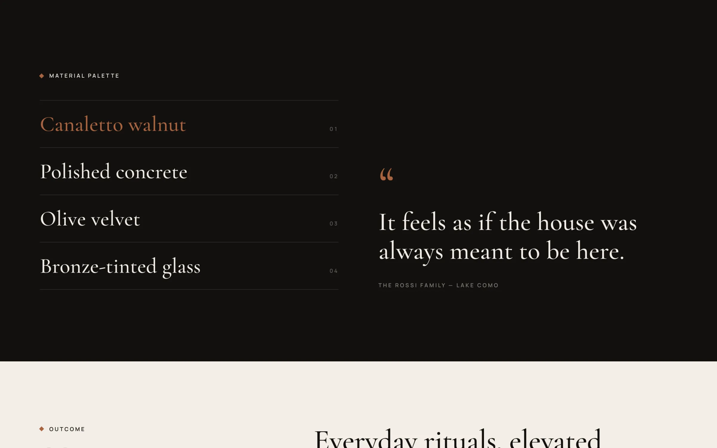 Material palette list beside a client quote on a dark ground