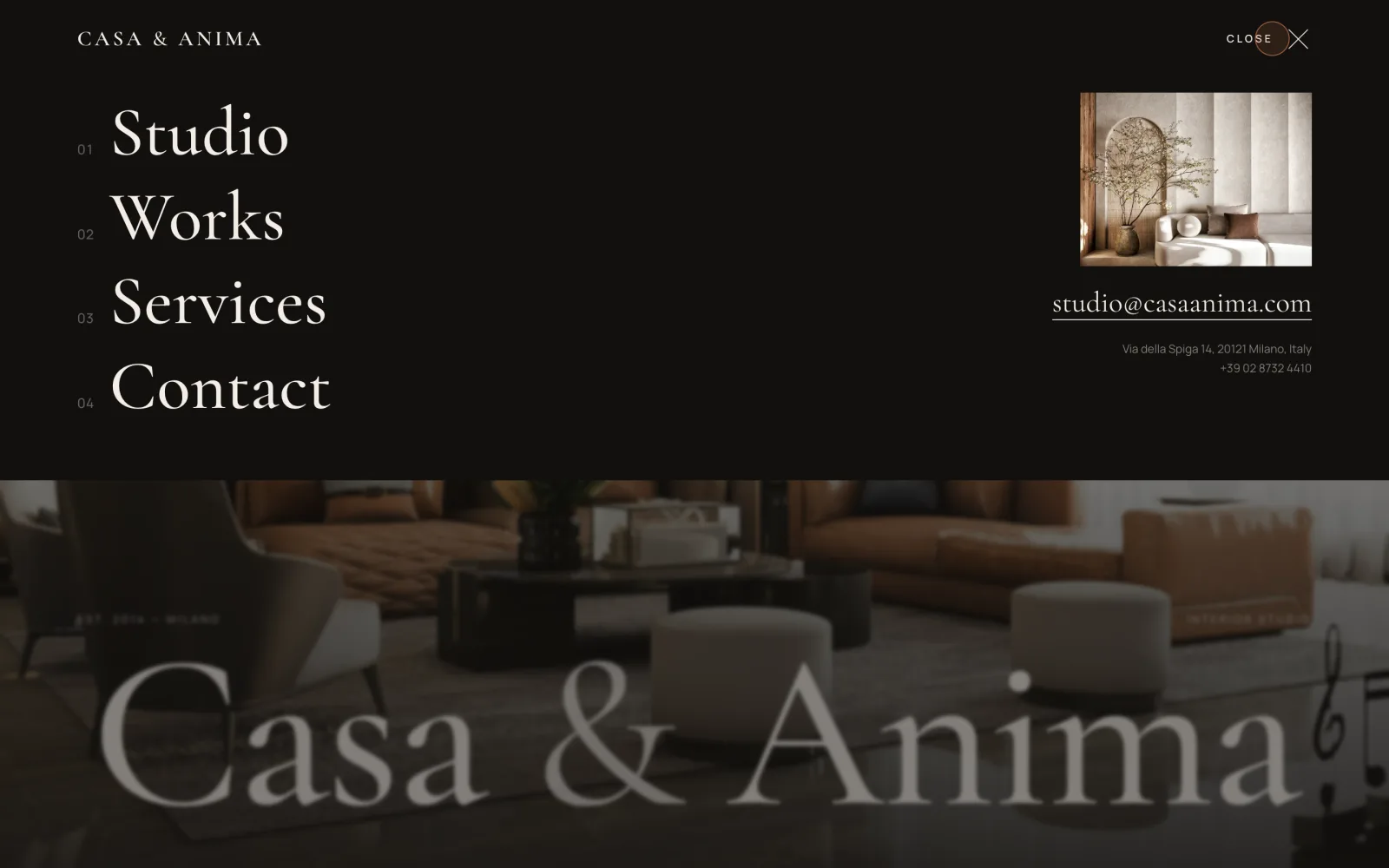 Full-width menu with large serif links over the dimmed hero