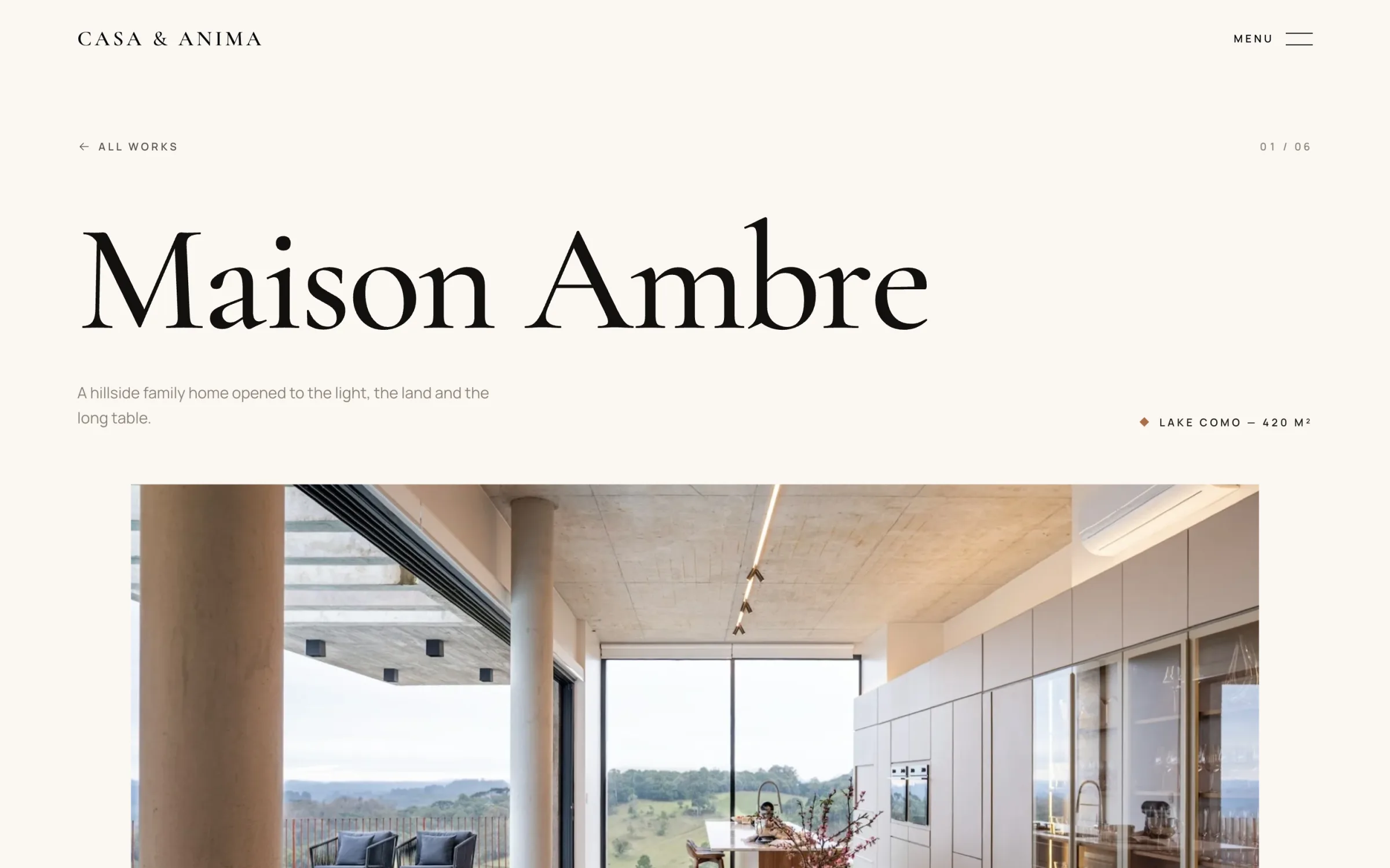 Maison Ambre project page with a large serif title above the cover photograph