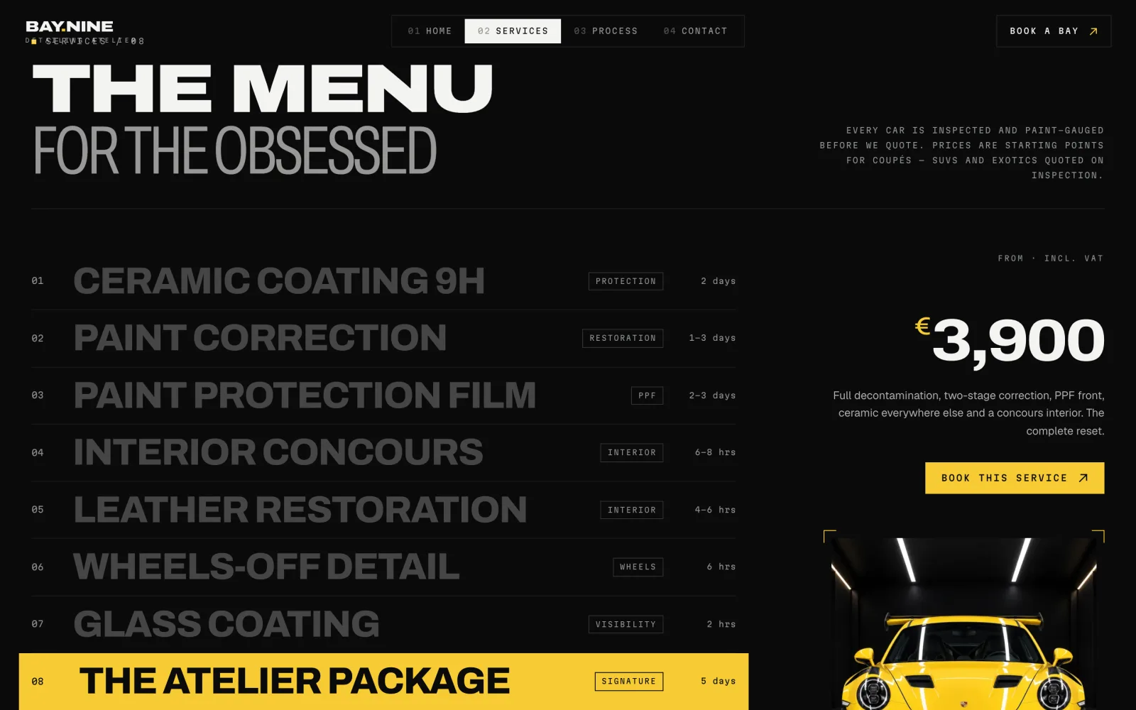 Services menu with The Atelier Package highlighted and its €3,900 price