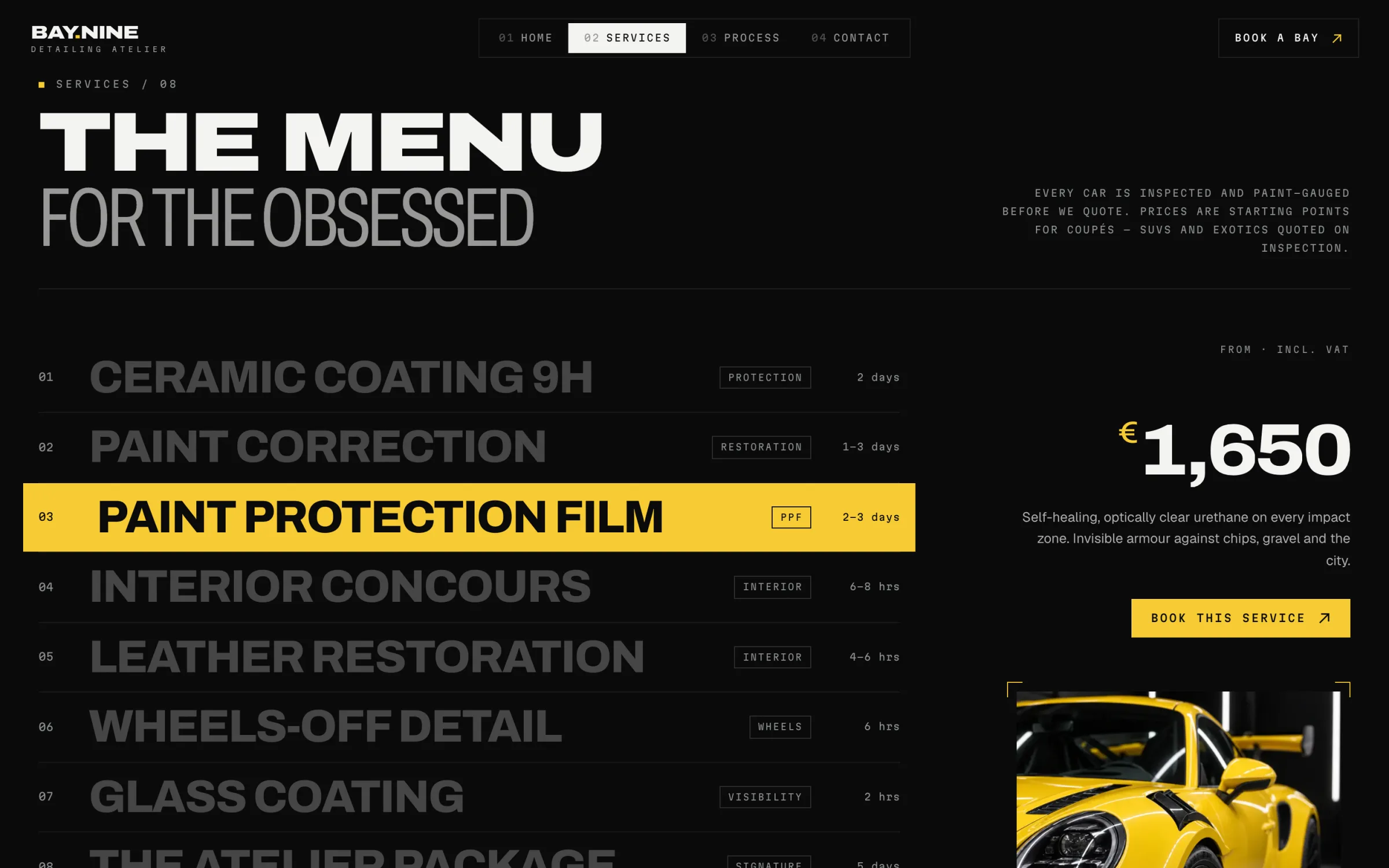 Services menu on a dark ground with Paint Protection Film highlighted in yellow