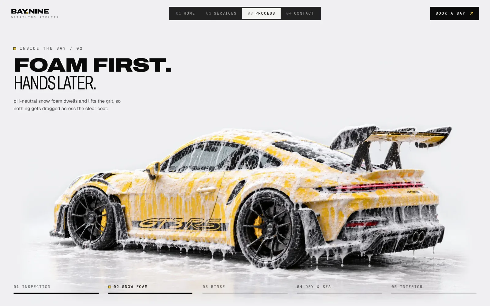 The car fully covered in snow foam under the heading “Foam first. Hands later.”