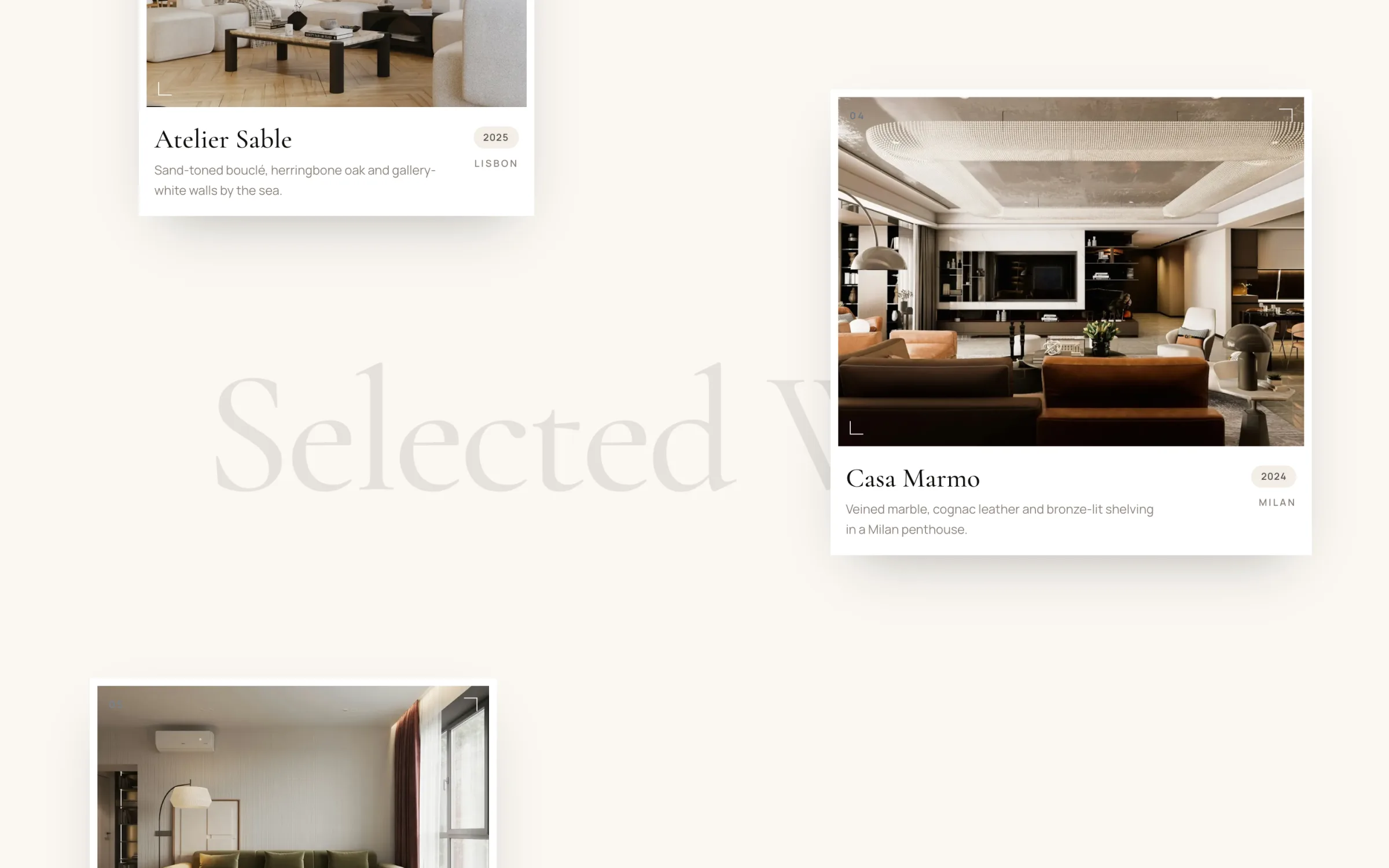 Selected Works collage: framed project cards over a large faded serif title